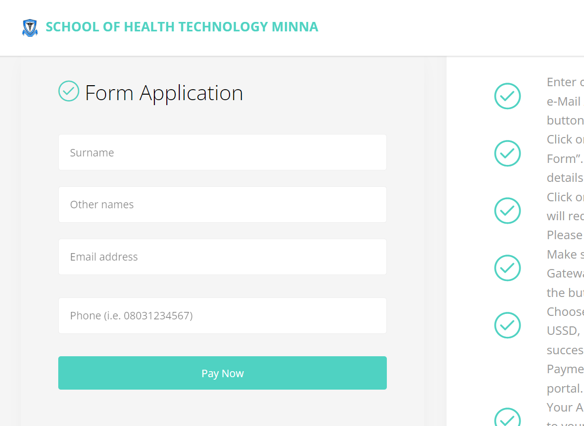 School of Health Technology Minna Admission Form 2023